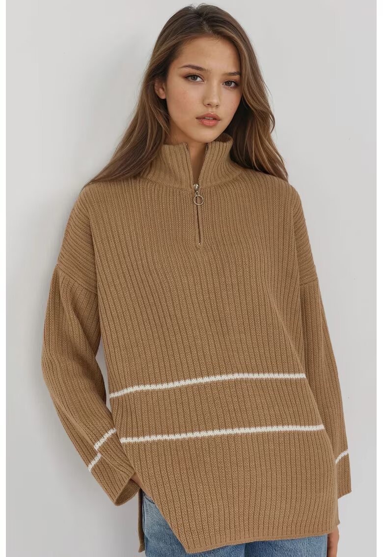 MyFashion Pulover dama - tricotat cu nervuri - guler cu fermoar - maro - One Size
