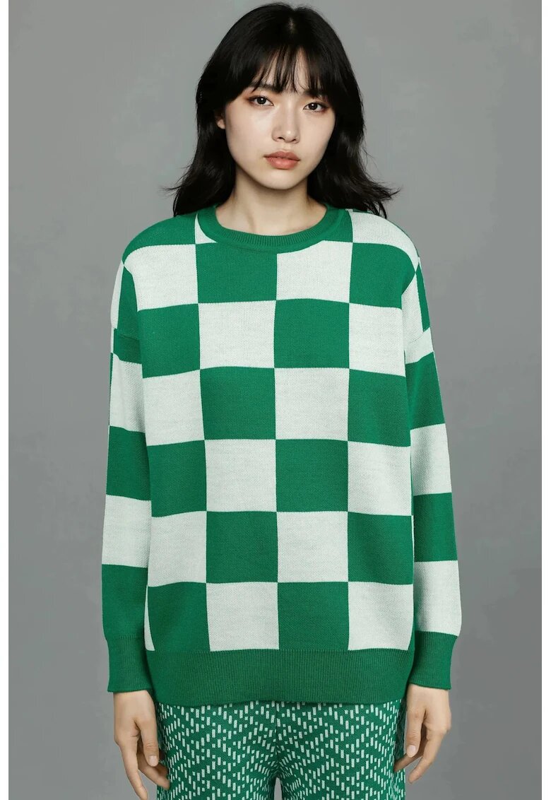 MyFashion Pulover dama - tricotat cu nervuri si carouri - verde - material tricot - One Size