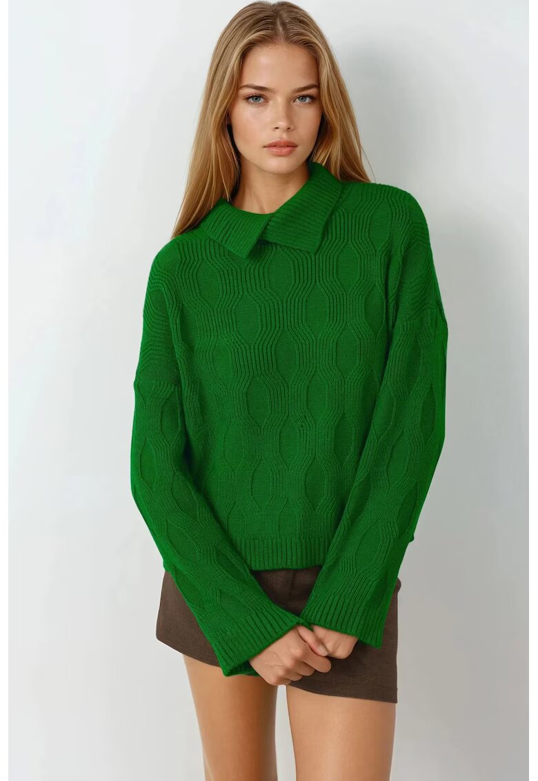 MyFashion Pulover tricotat cu model - detaliu guler - verde - tricot - One Size