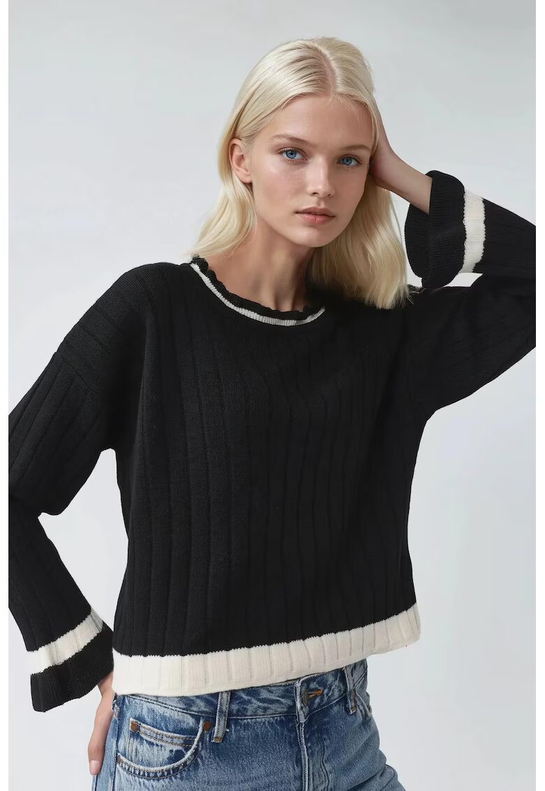 MyFashion Pulover tricotat - dungi - guler rotund - negru - tricot - One Size