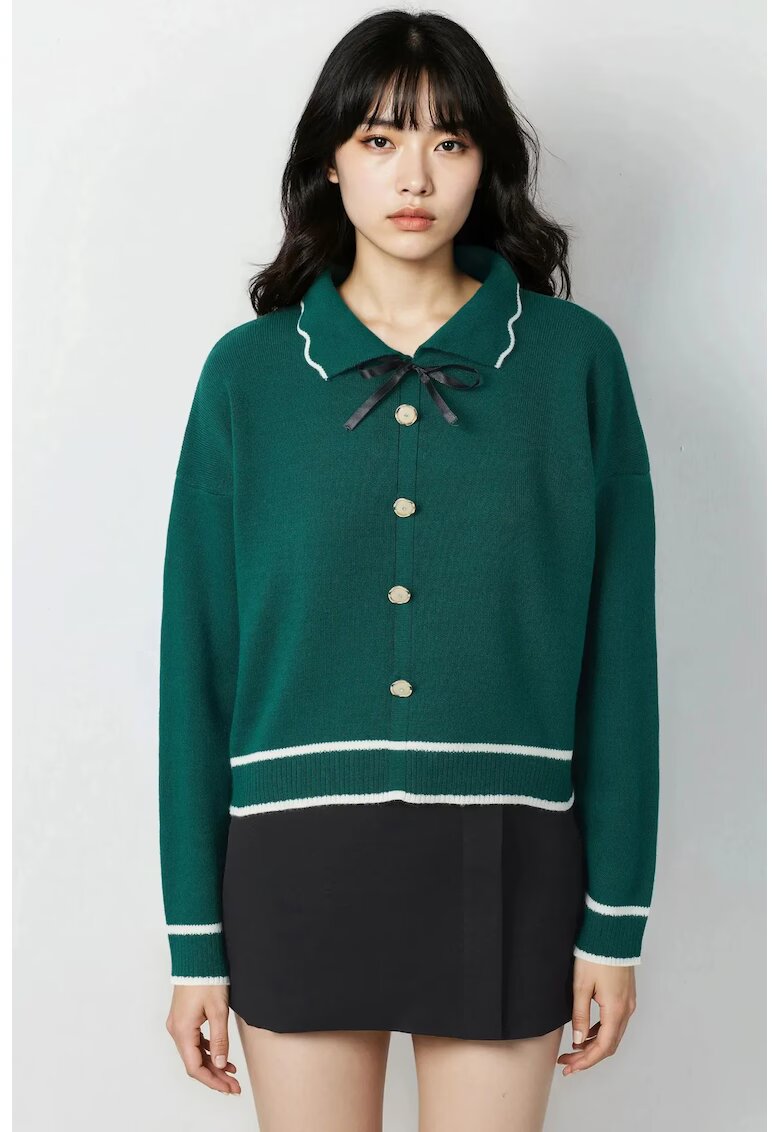 MyFashion Pulovere dama - pulover tricotat - guler polo texturat - verde smarald - tricot - One Size