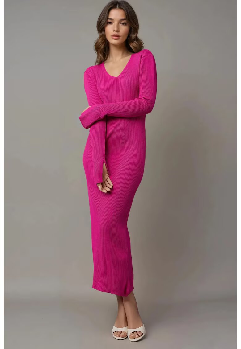 MyFashion Rochie maxi - tricotata - decolteu in V - roz -