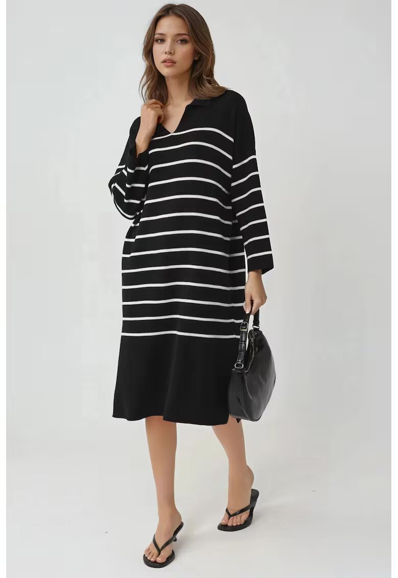 MyFashion Rochie tricotata - cu dungi - decolteu in V - croiala lejera - negru - tricot -