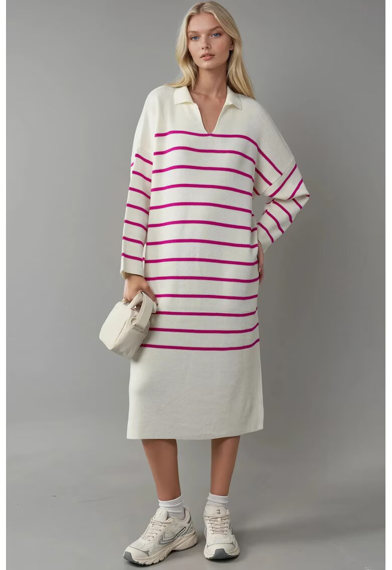 MyFashion Rochie tricotata - cu dungi - midi - roz - alb -