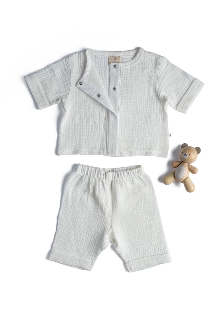 Naeve Set de tricou din bumbac organic cu capse si pantaloni uni - Alb murdar