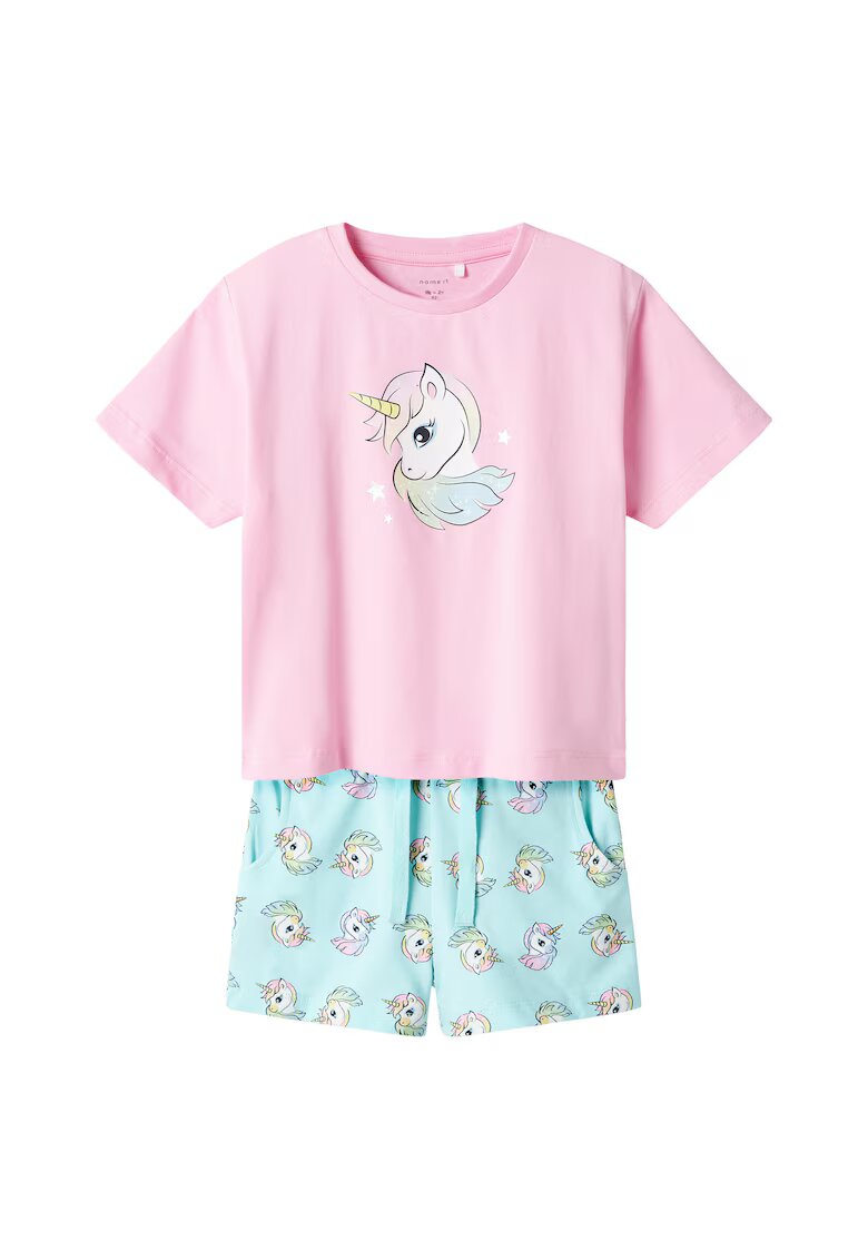NAME IT Set tricou si pantaloni scurti fete 13239682 - Bumbac organic - Albastru deschis - Albastru deschis