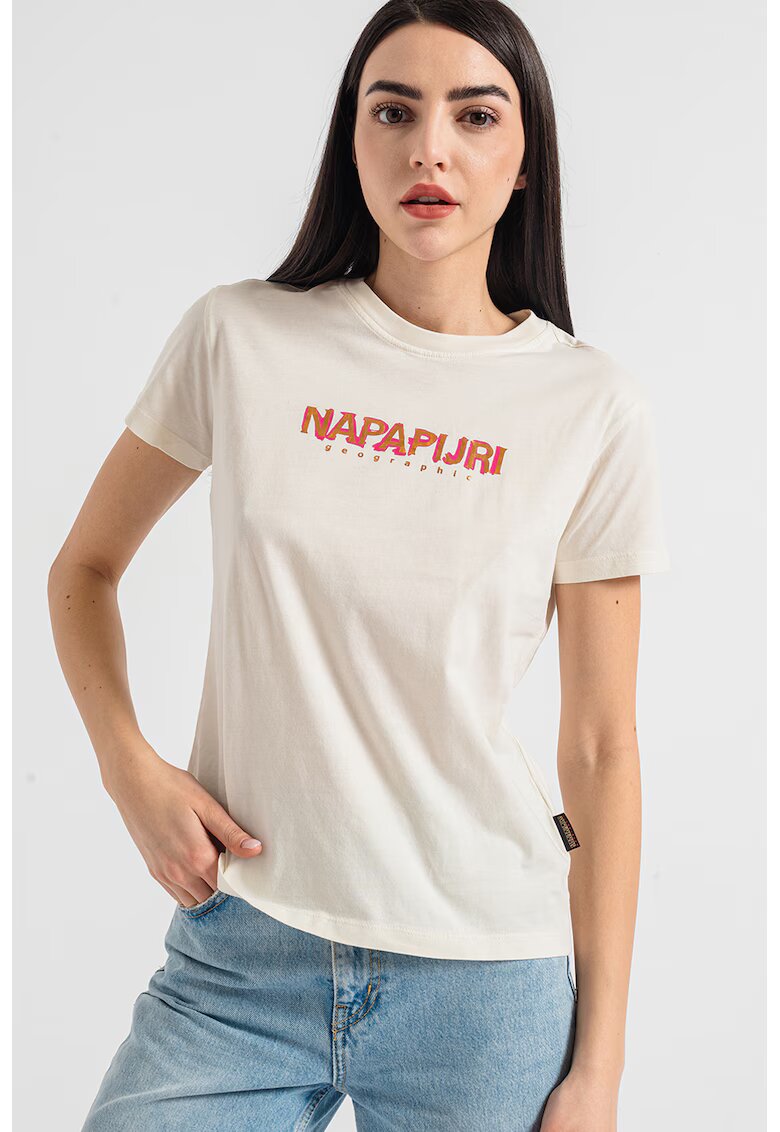 Napapijri Tricou cu decolteu la baza gatului si imprimeu logo - Alb murdar
