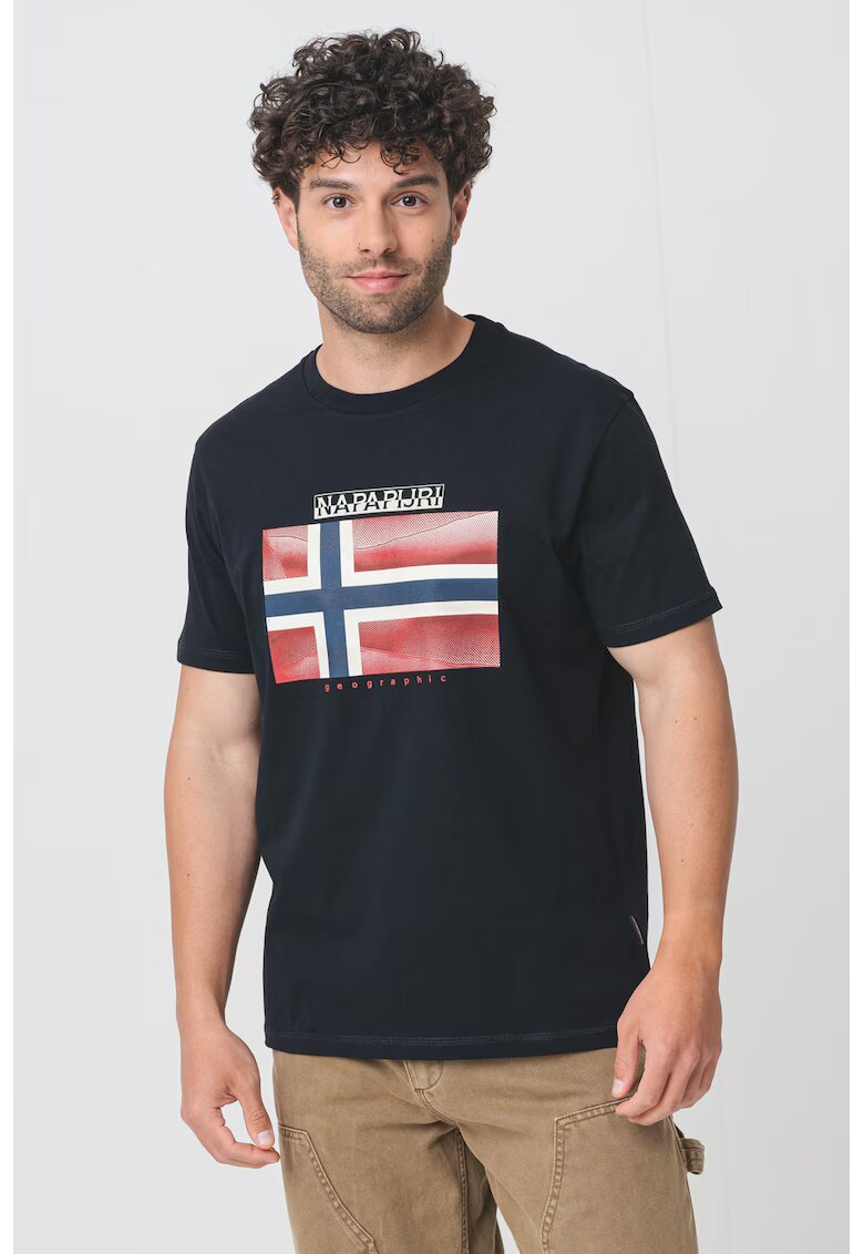 Napapijri Tricou cu imprimeu logo si decolteu la baza gatului - Alb fildes/Negru/Rosu inchis