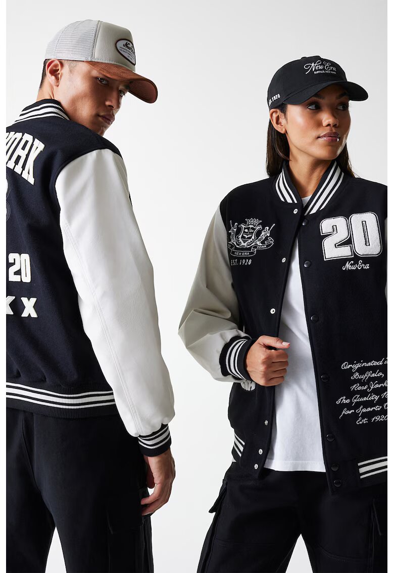 New Era Jacheta Varsity unisex din amestec de lana cu aplicatie - Alb/Albastru ultramarin