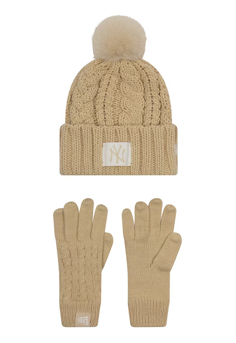 New Era Set de caciula cu ciucure si manusi - Maro deschis