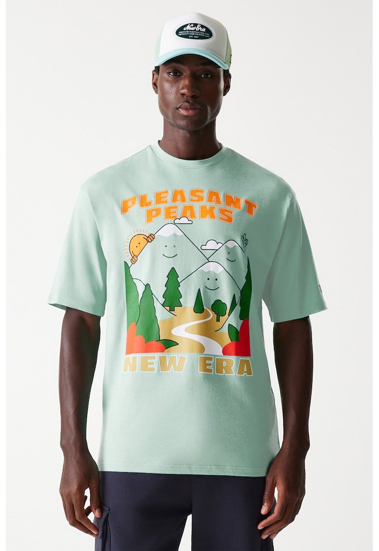 New Era Tricou cu imprimeu grafic si decolteu la baza gatului - Verde/Portocaliu/Verde pal