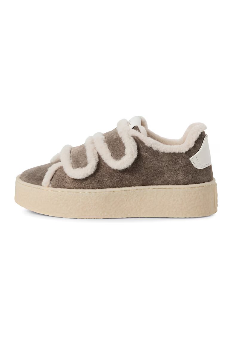 NEWD Pantofi sport din piele intoarsa cu garnituri din lana si velcro - Maro taupe/Alb murdar