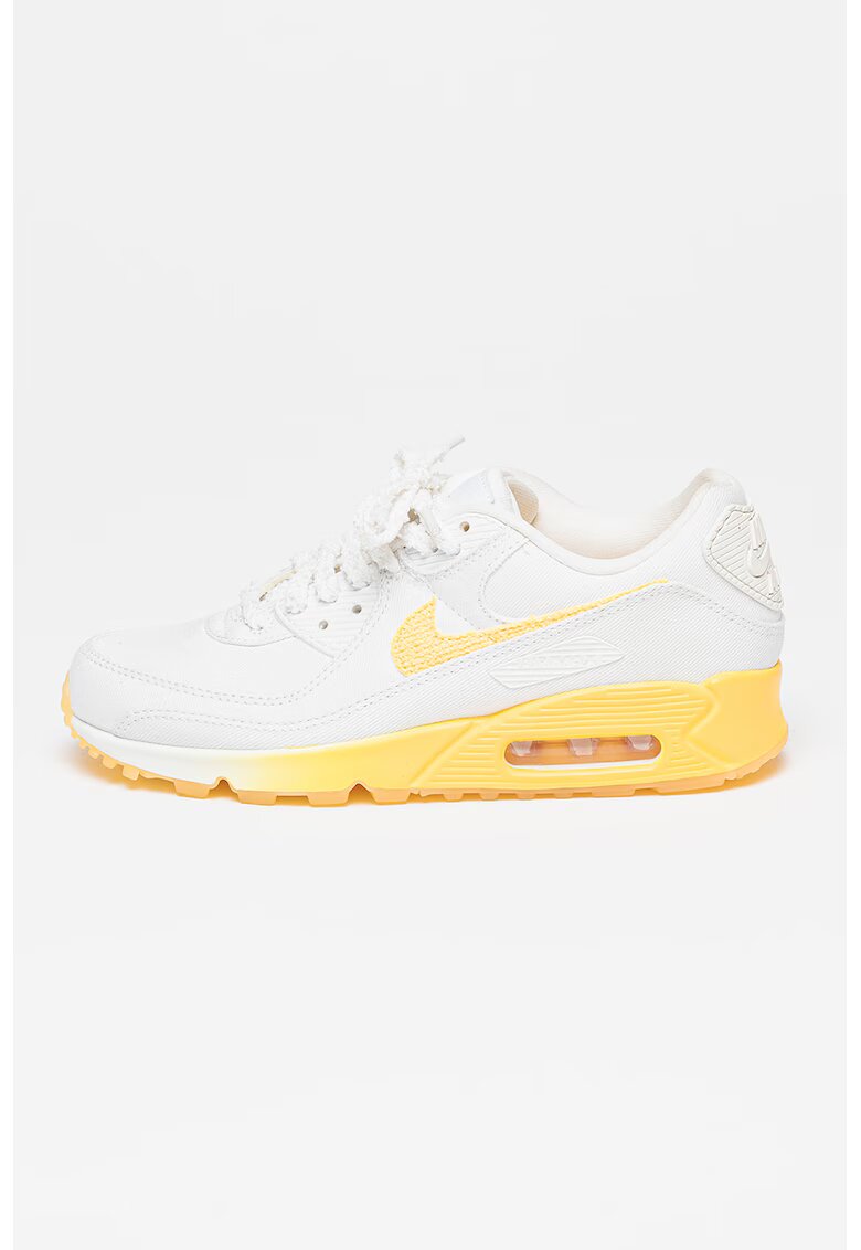 Nike Pantofi sport de piele ecologica cu garnituri de plasa Air Max 90 - Alb/Galben sofran