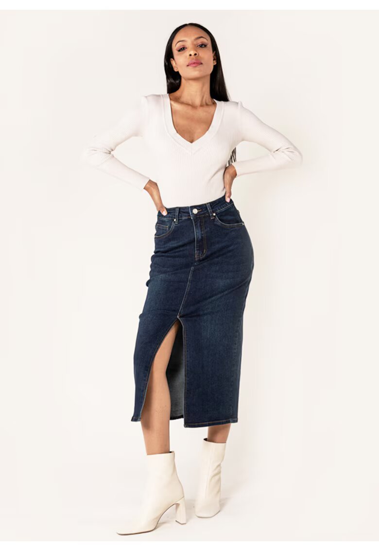 Nina Carter Fusta albastru inchis de denim cu slit frontal P215 M10 17921 - Albastru inchis