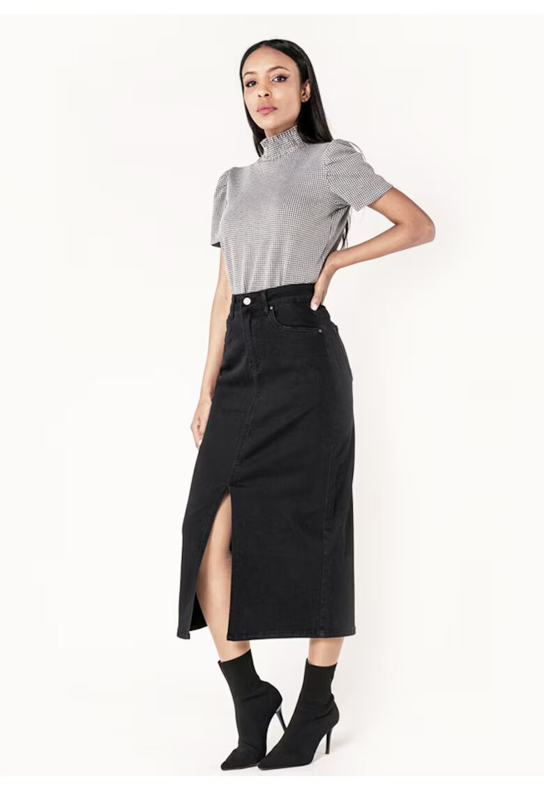 Nina Carter Fusta neagra de denim cu slit frontal P215 M10 17915 - Negru