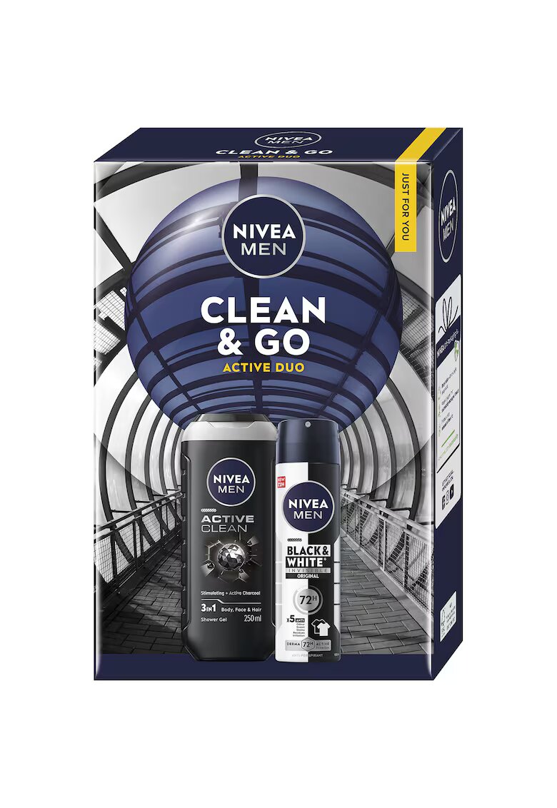 Nivea Men Set: Gel de dus Active Clean 250 ml + Deodorant Spray Invisible Black & White 150 ml