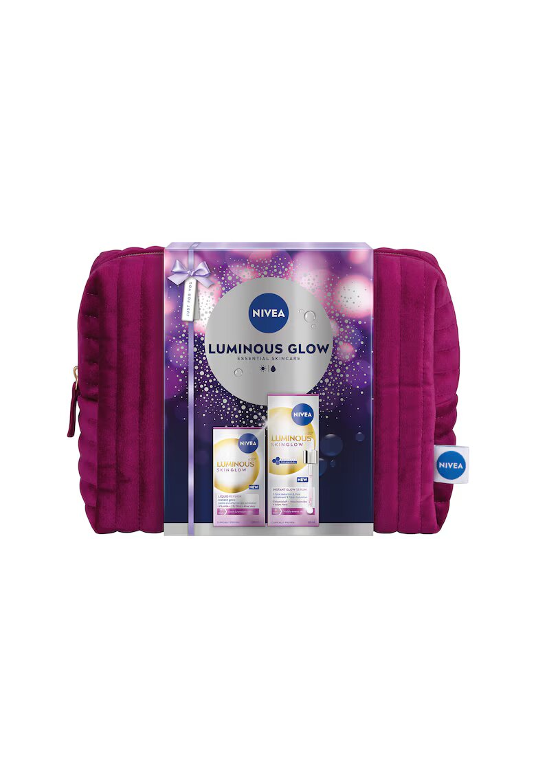 Nivea Set Luminous630 Skin Glow - ser facial iluminator 30 ml + peeling lichid 100 ml + geanta cadou