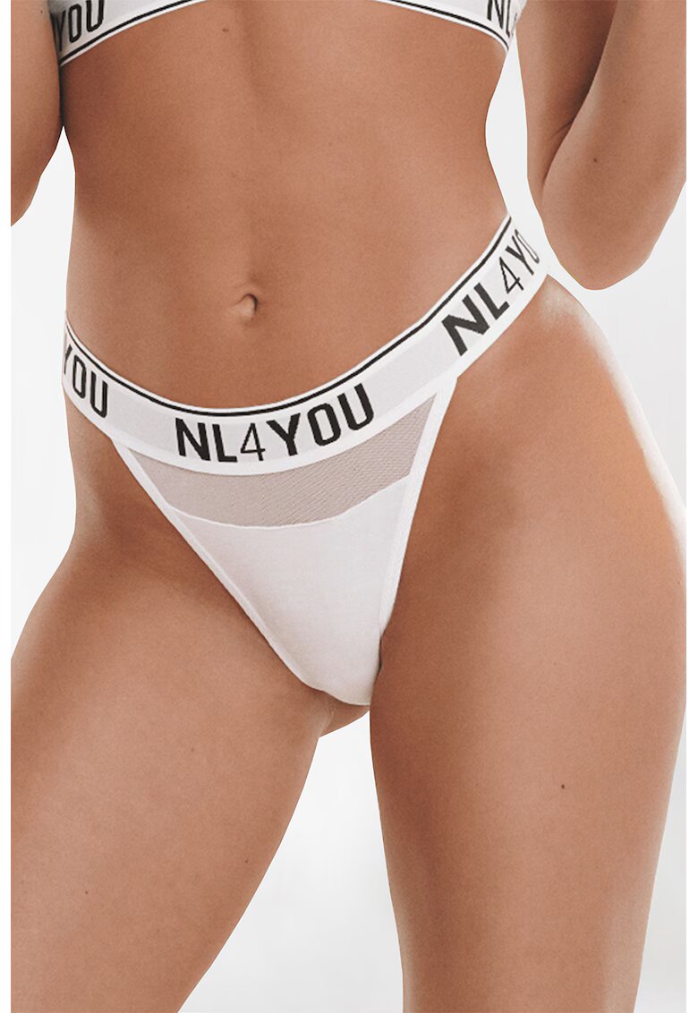 NL4YOU Chiloti tanga cu banda logo in talie - Alb/Negru