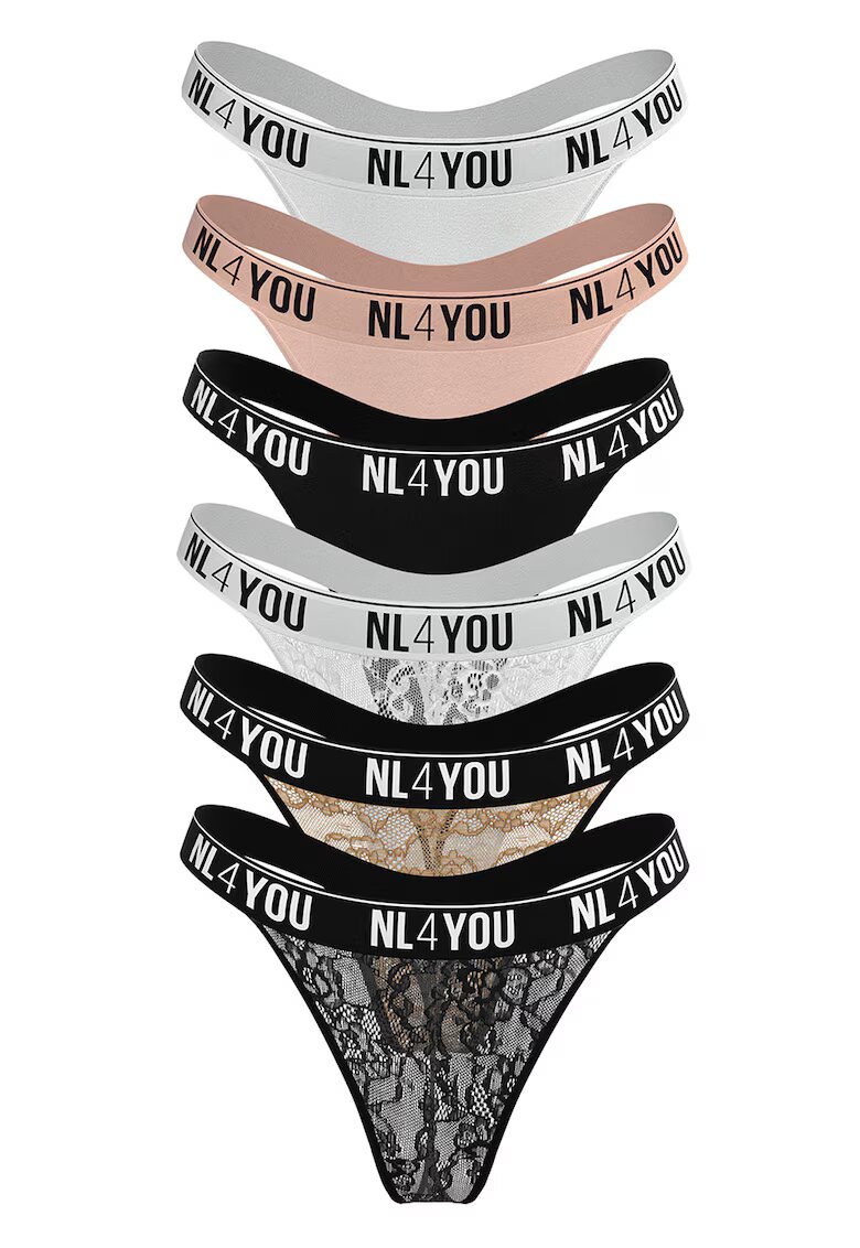 NL4YOU Set de chiloti tanga cu banda logo in talie - 6 perechi - Multicolor