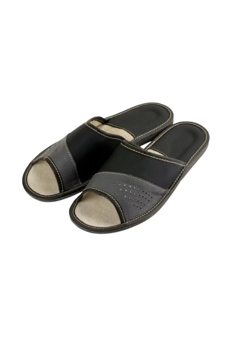 NOWO Papuci barbatesti - piele ecologica - negri gri - interior - model N120 - Gri