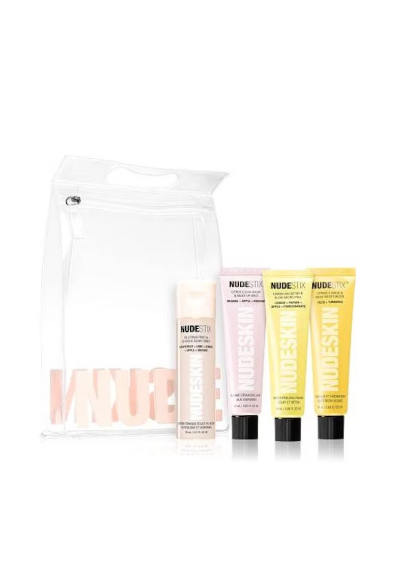 Nudestix Set pentru Ingrijirea tenului - Citrus Skin Renewal - Solutie tonica cu efect de iluminare 95 ml - Lotiune de curatare 60 ml - Exfoliant iluminator 60 ml - Crema puternic hidratanta 60 ml - Geanta de cosmetice