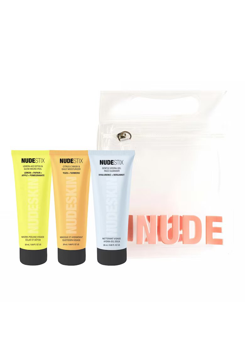 Nudestix Set pentru Ingrijirea tenului sensibil - Citrus Skin Renewal - Gel demachiant pentru piele si ochi sensibili - 20 ml - Exfoliant iluminator facial - 20 ml - Crema de fata hidratanta ziua si noaptea - 20 ml - Geanta de cosmetice