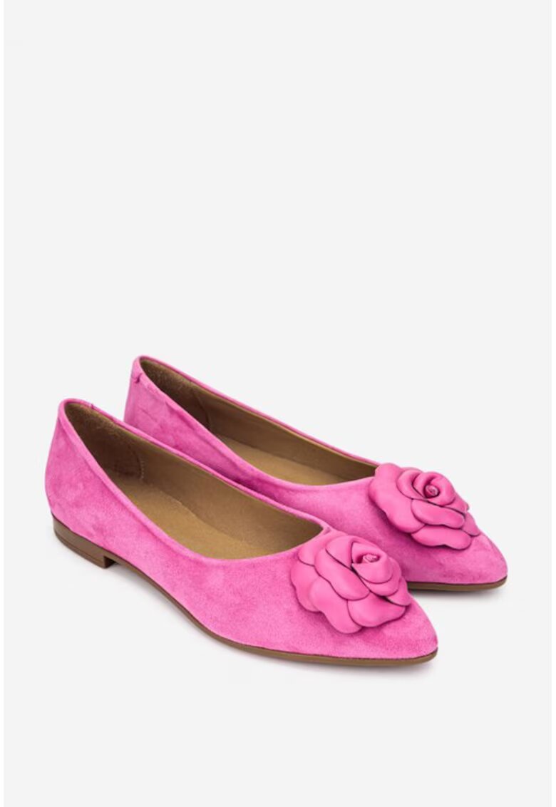 NUR Balerini dama din piele intoarsa roz cu floare