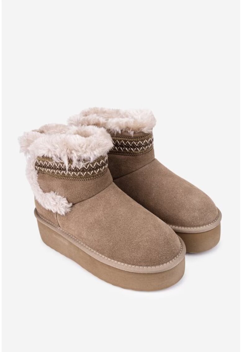 NUR Ghete dama din piele intoarsa taupe cu model