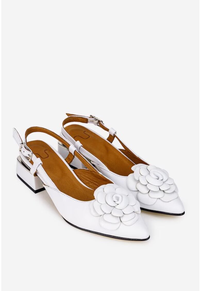 NUR Pantofi dama albi din piele naturala cu ornament floare