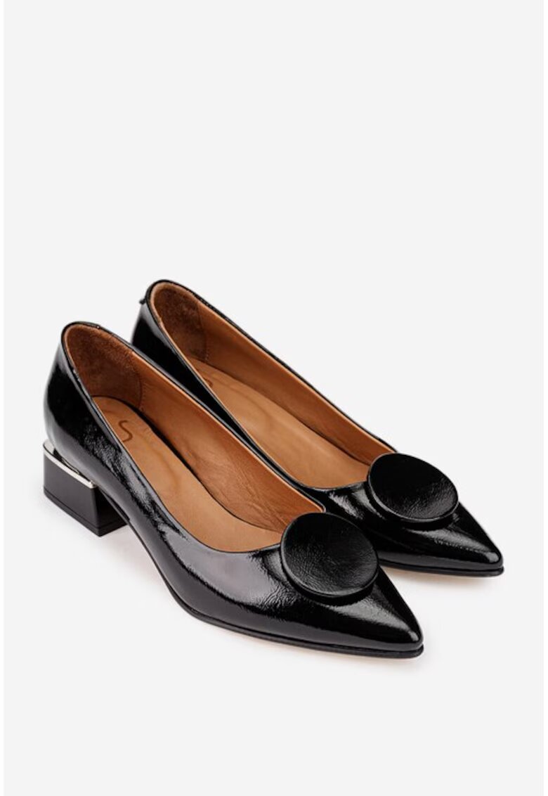 NUR Pantofi dama din piele lacuita neagra cu ornament