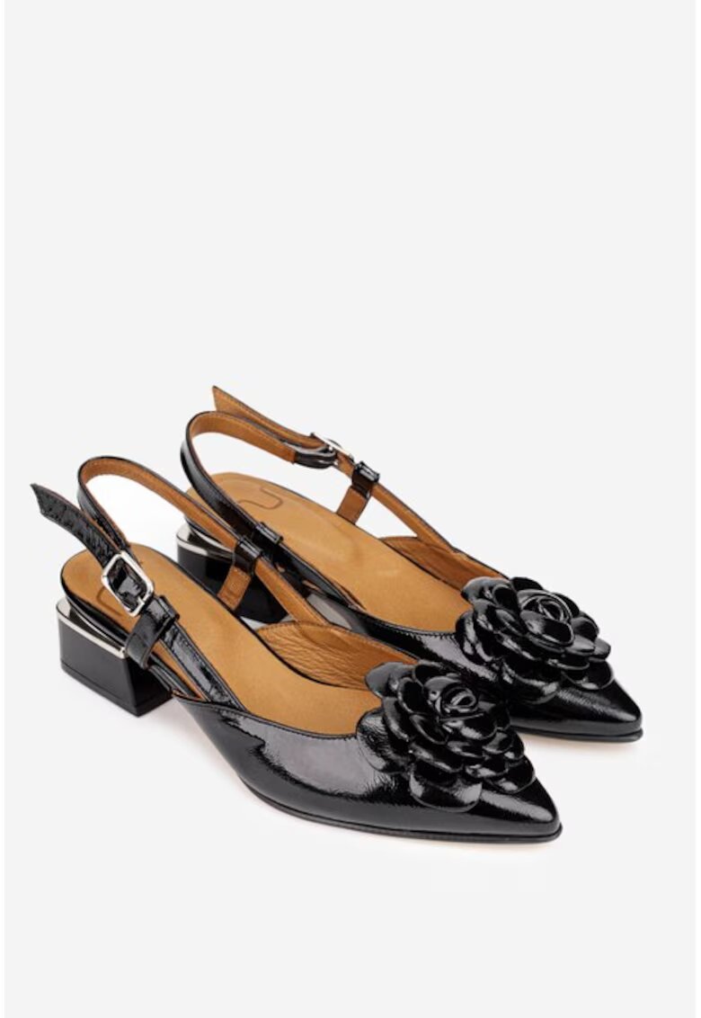 NUR Pantofi dama negri din piele lacuita cu ornament floare