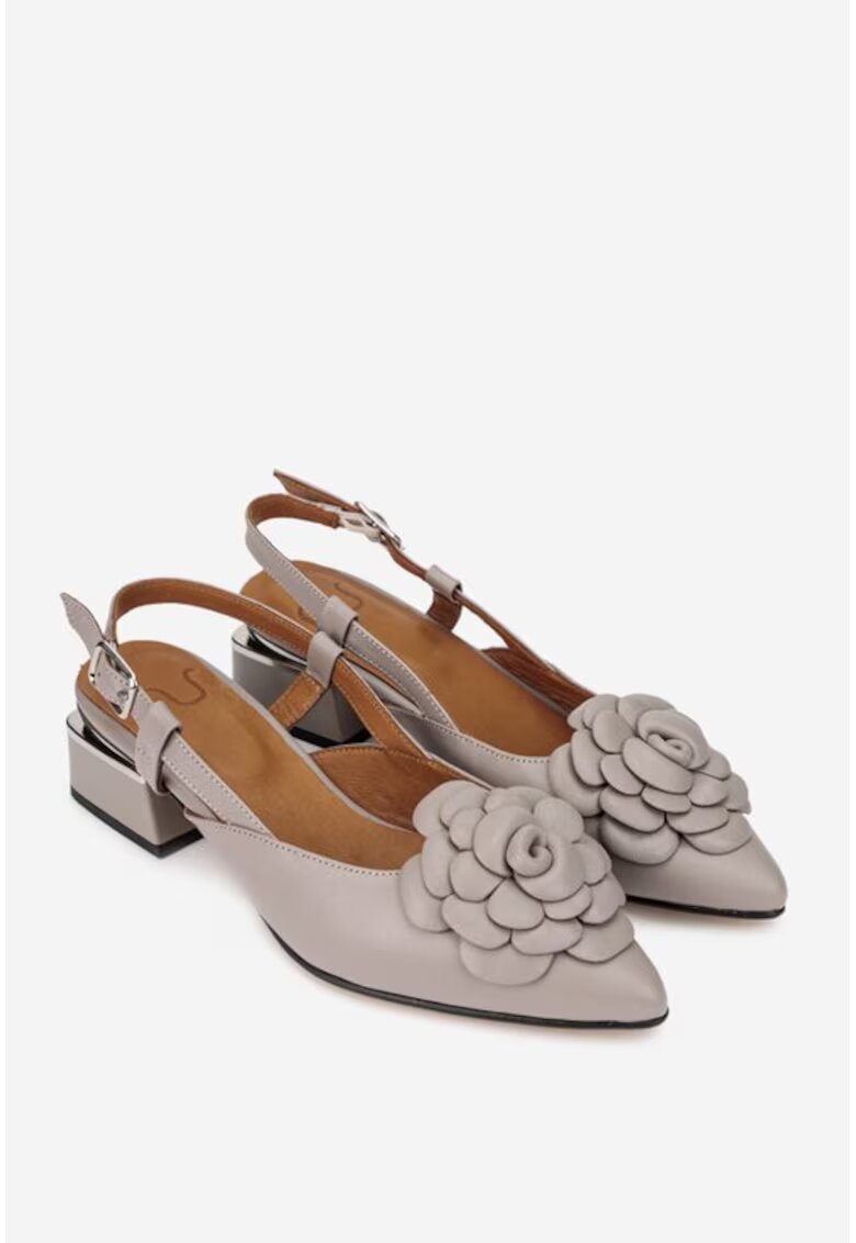 NUR Pantofi dama taupe din piele cu ornament floare