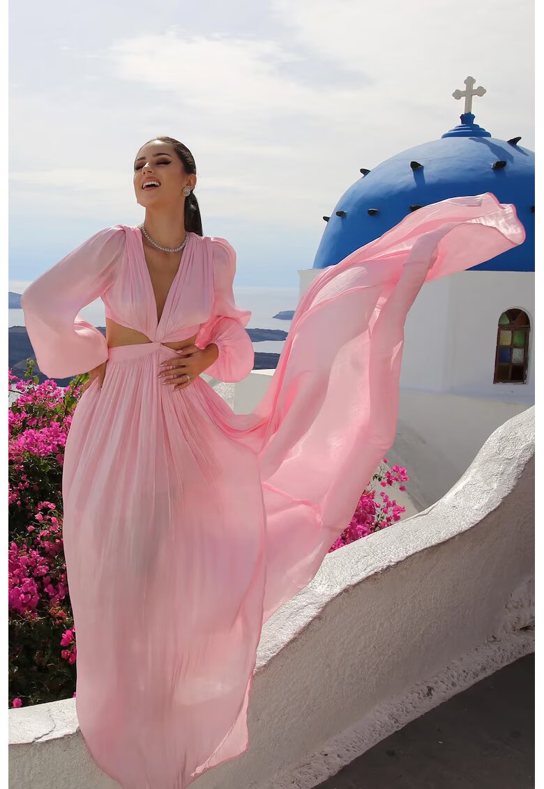 Nympha Clothing Rochie maxi evazata cu slit pe picior si maneci ample - Roz