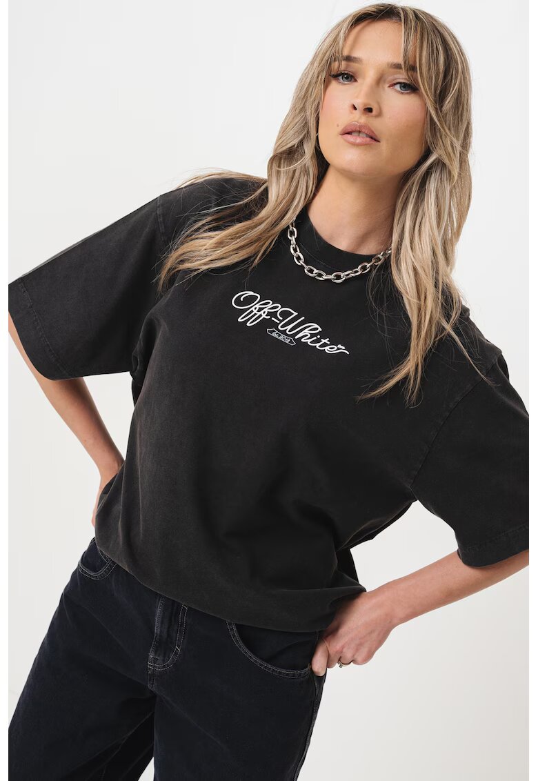 OFF-WHITE Tricou cu imprimeu logo si decolteu la baza gatului - Alb/Maro inchis