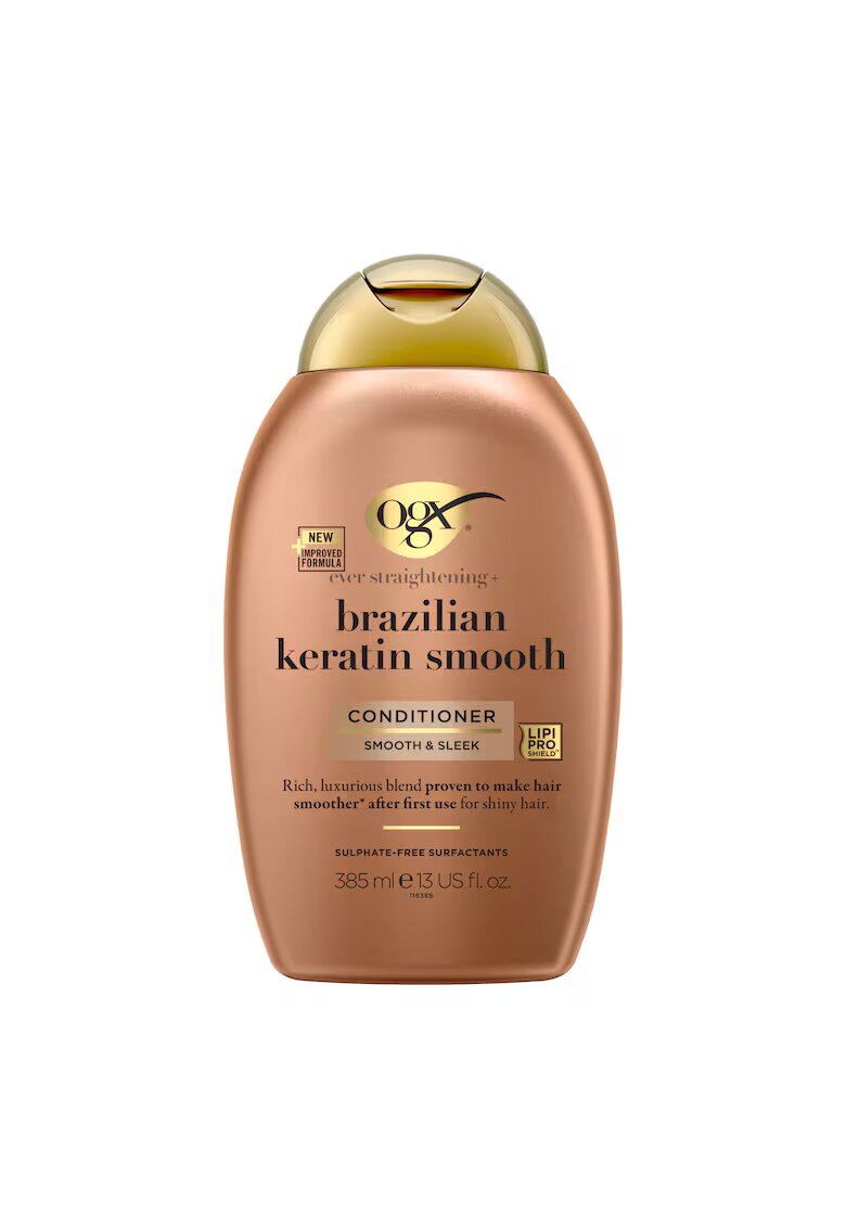 OGX Balsam Brazilian Keratin Smooth - pentru netezire de durata - cu uleiuri de cocos si avocado - proteine din keratina si unt de cocos - pentru par des - fara sulfati - 385 ml