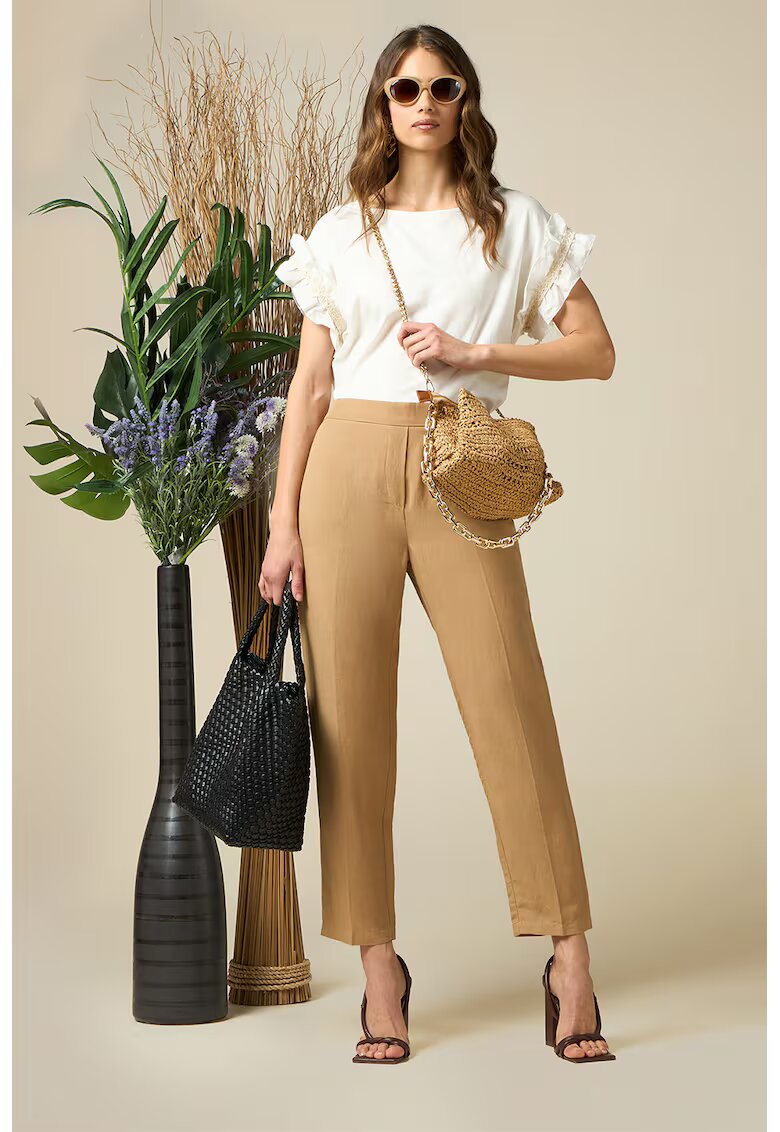 Oltre Pantaloni crop din amestec de in - Bej