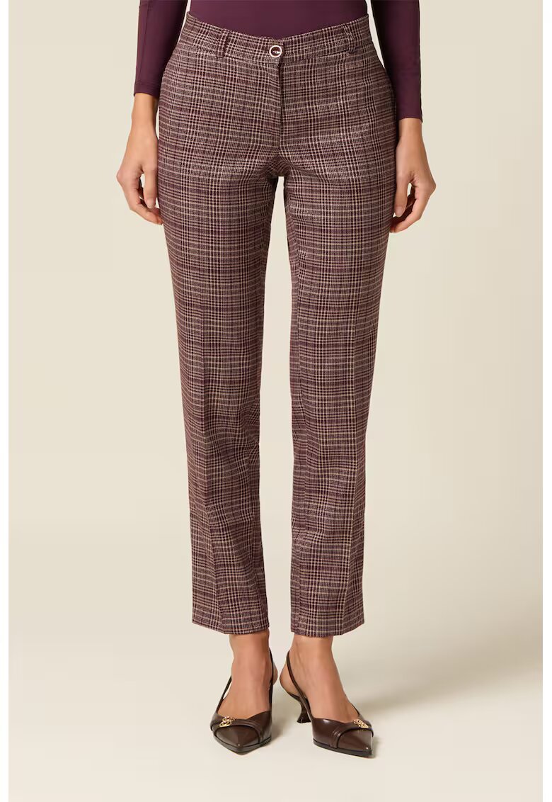 Oltre Pantaloni crop drepti cu model in carouri - Alb/Violet pruna