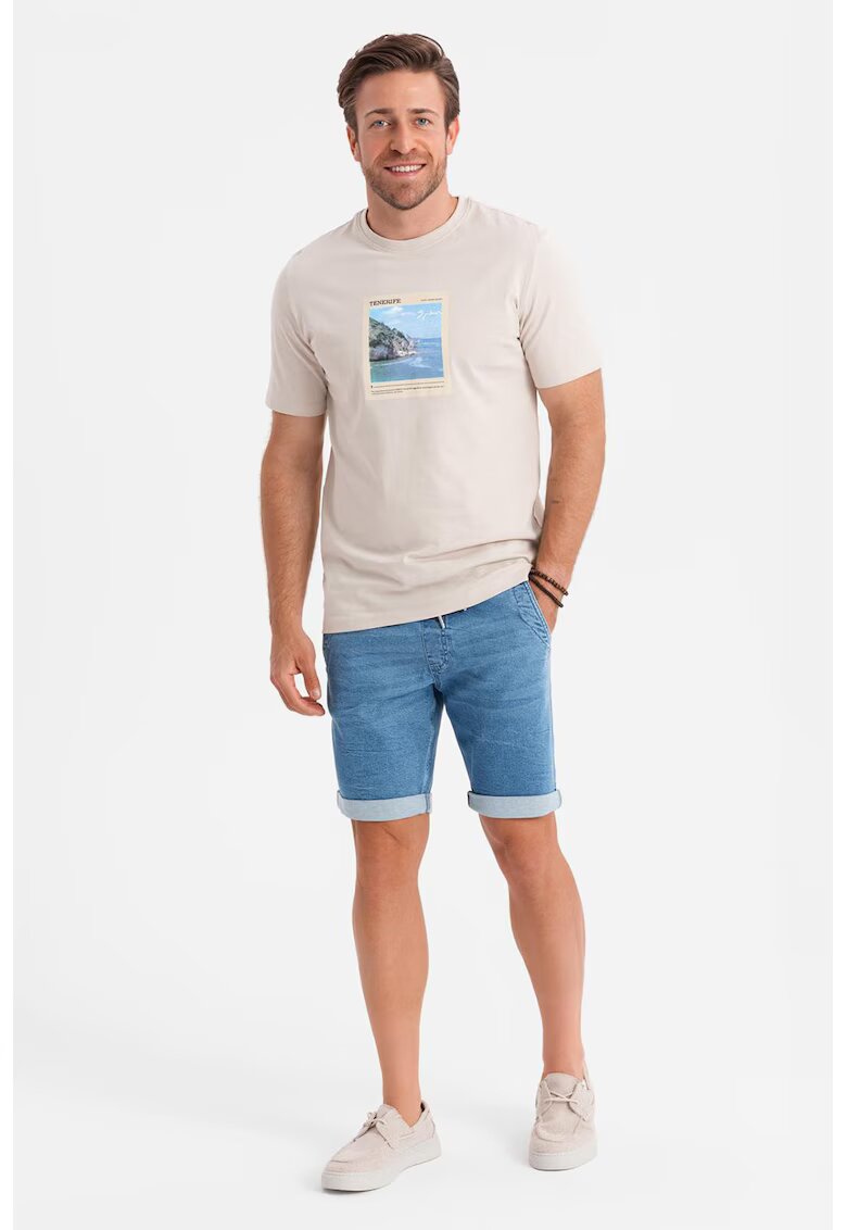 OMBRE Blugi scurti cu talie elastica si snur - Albastru deschis