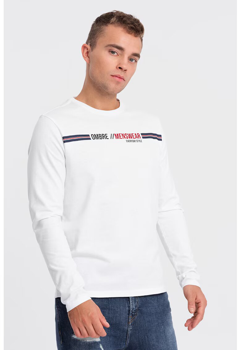 OMBRE Bluza cu decolteu la baza gatului si imprimeu logo - Rosu/Alb/Bleumarin