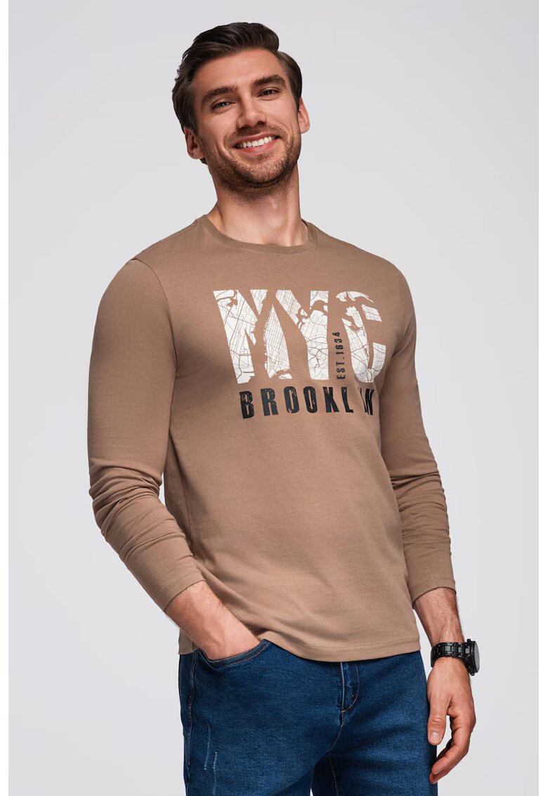 OMBRE Bluza cu decolteu la baza gatului si model text - Alb/Negru/Maro taupe
