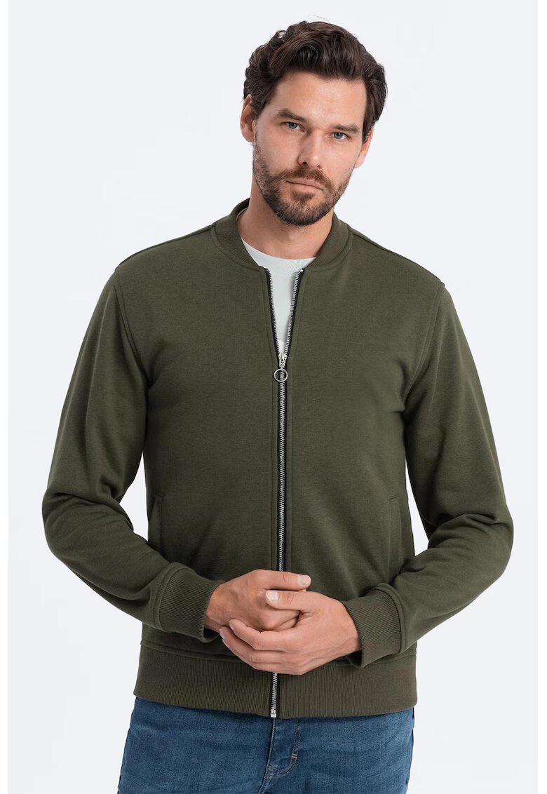 OMBRE Bluza de trening cu fermoar si buzunare oblice - Kaki inchis