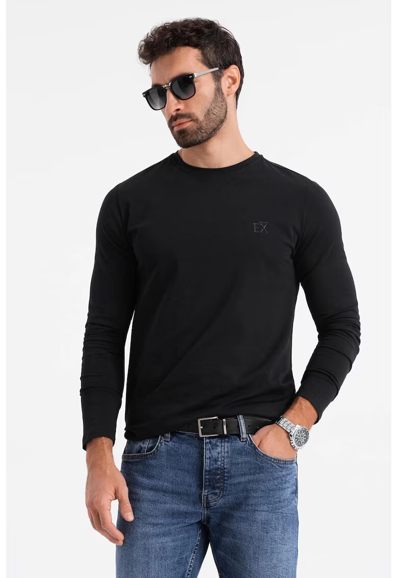 OMBRE Bluza din amestec de bumbac cu decolteu la baza gatului - Negru