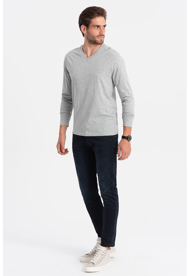 OMBRE Bluza din bumbac cu decolteu in V - Gri deschis melange