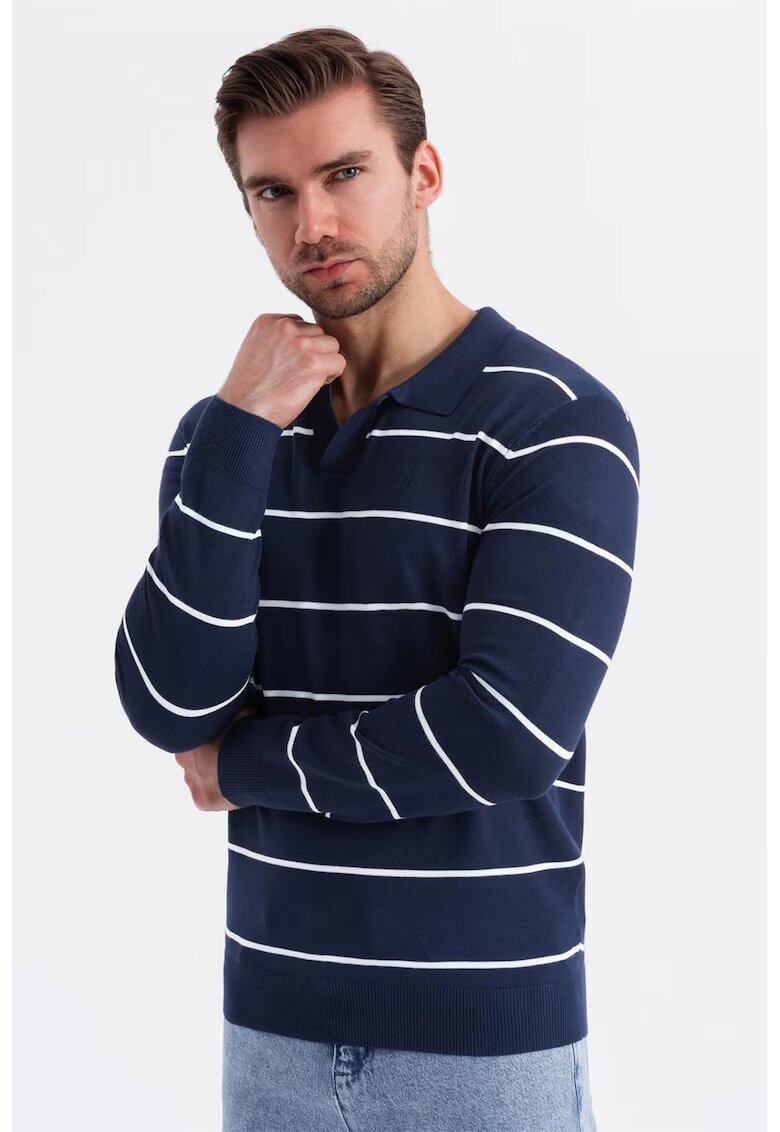 OMBRE Bluza polo cu dungi - Alb/Bleumarin