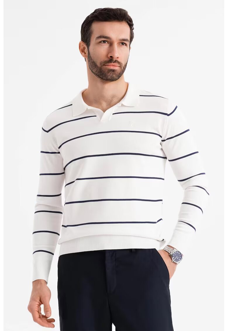 OMBRE Bluza polo cu dungi - Alb optic/Bleumarin