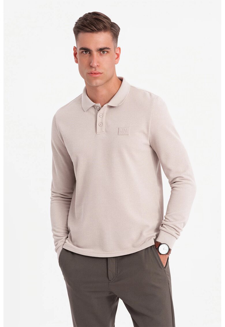 OMBRE Bluza polo cu fenta cu fermoar - Maro nisip