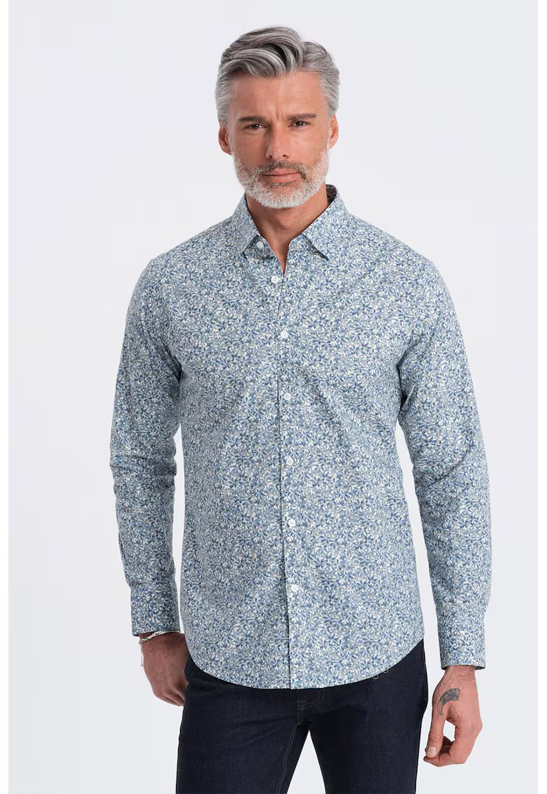 OMBRE Camasa de bumbac cu model vegetal - Gri/Albastru prafuit