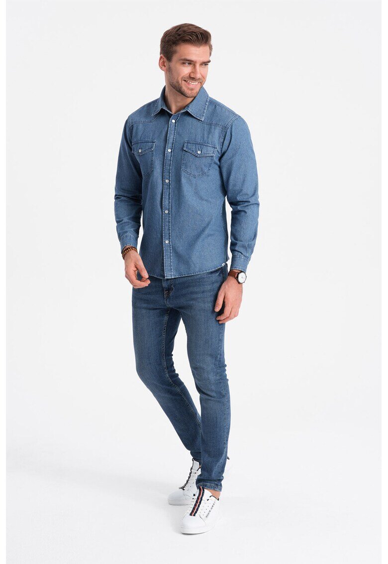 OMBRE Camasa din material chambray cu capse - Albastru pastel