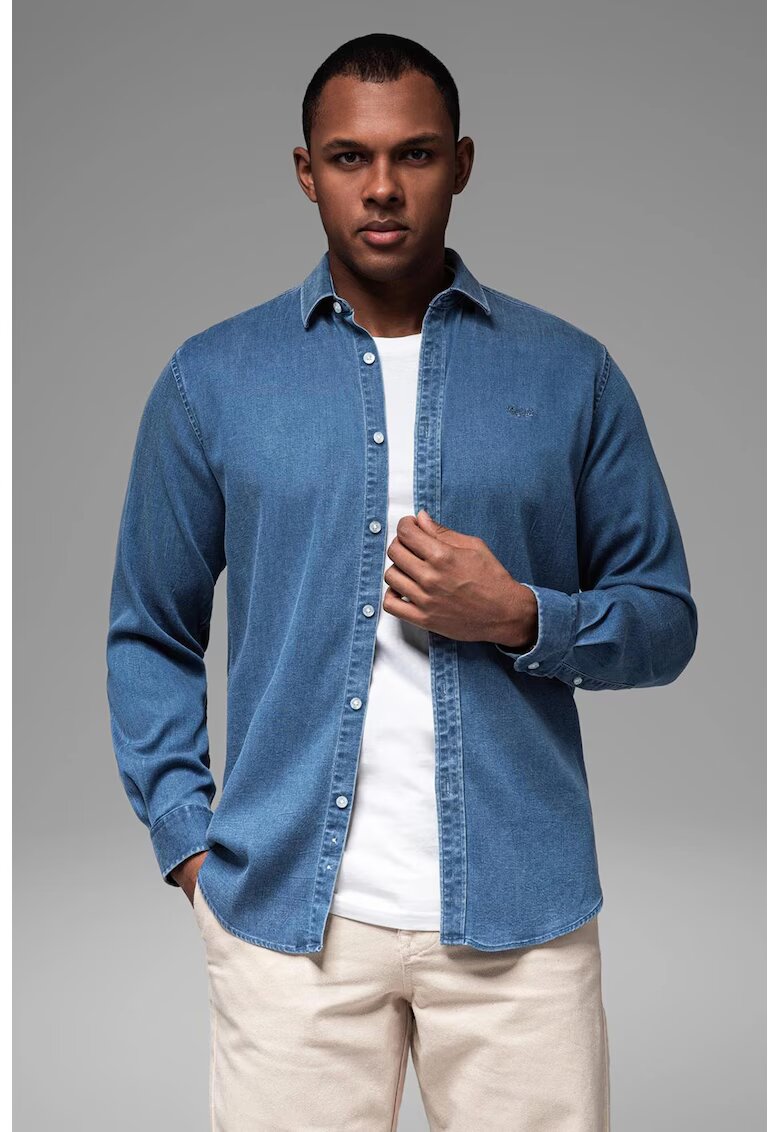 OMBRE Camasa din material chambray cu maneci lungi - Albastru