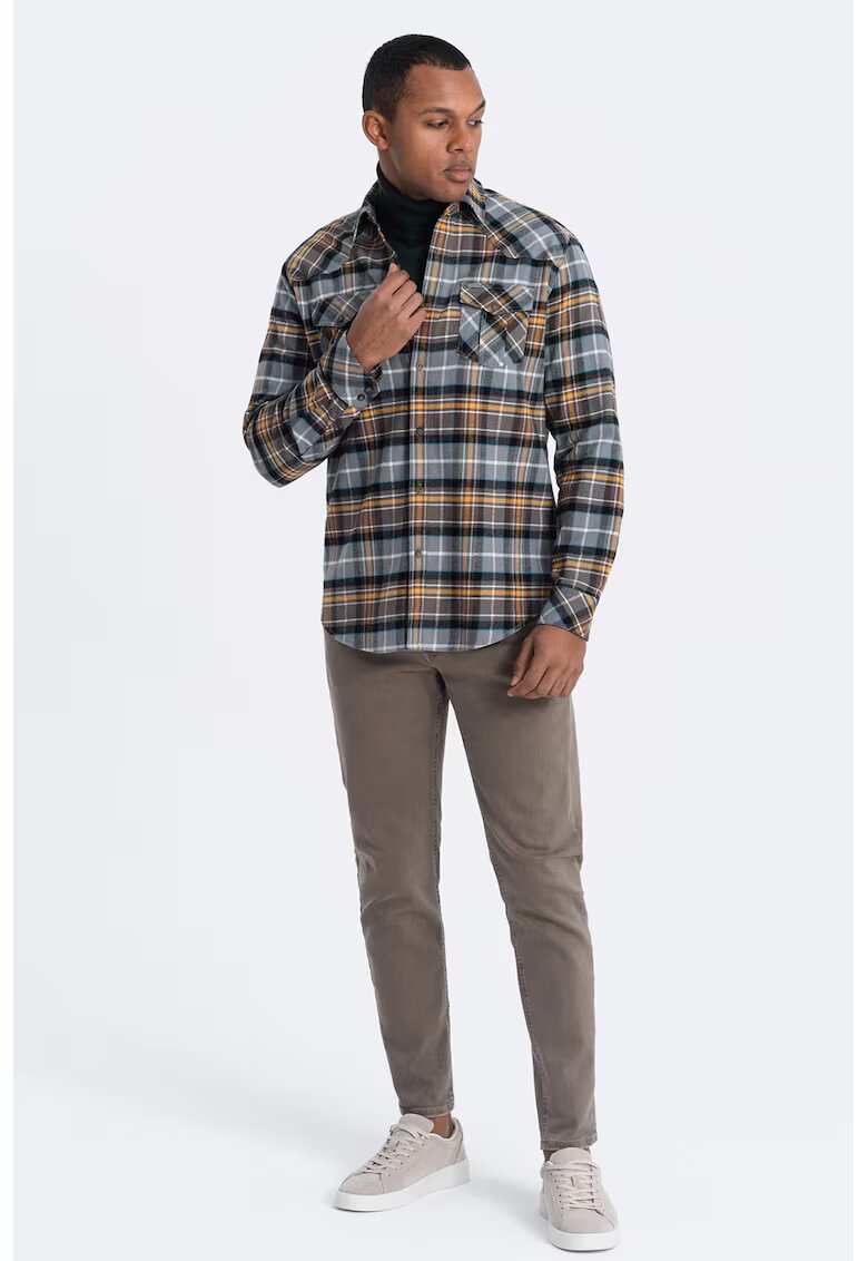 OMBRE Camasa slim fit in carouri cu buzunare aplicate - Maro/Gri/Galben